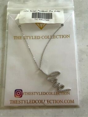 The Styled Collection Love Script Necklace in Silver- Hard to Find Color
